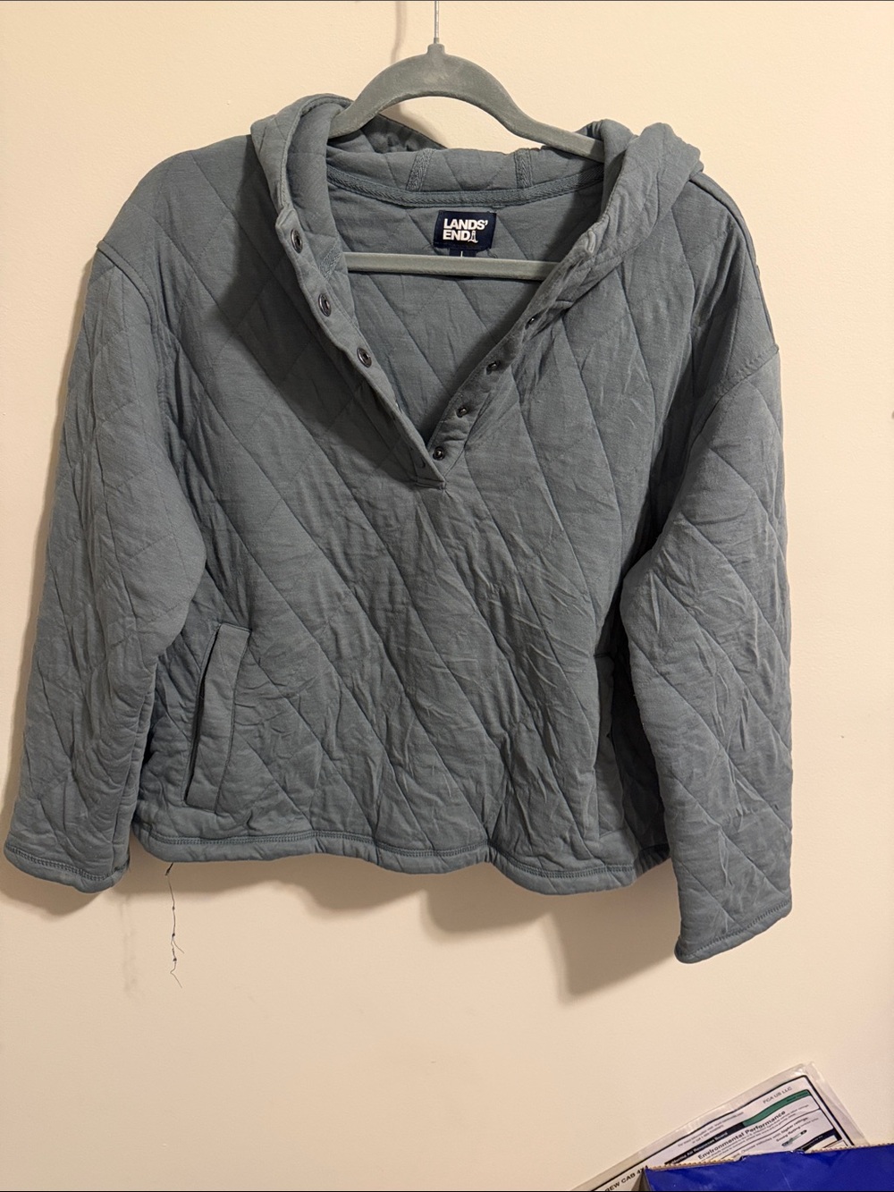 Lands' End Quilted Pullover Hoodie in Slate Blue
